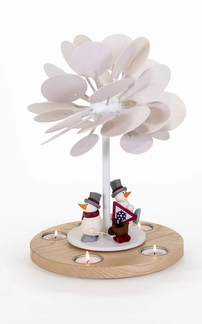 Wärmespiel für 6 Teelichter mit Bodenplatte aus Esche, natur, mit 2 Schneemännern